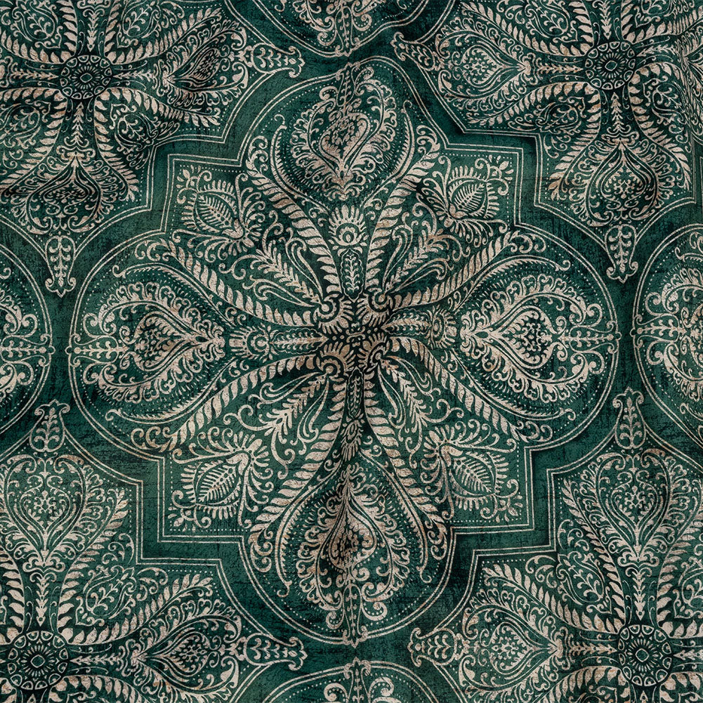 Printed Polyester Velvet - Emerald Ornate Leafy Tiles - British Imported Printed Polyester Velvet - Emerald Ornate Leafy Tiles - British Imported
