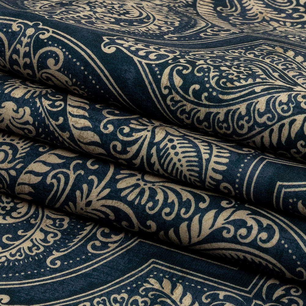 Printed Polyester Velvet - Ink Ornate Leafy Tiles - British Imported Folded Printed Polyester Velvet - Ink Ornate Leafy Tiles - British Imported Folded