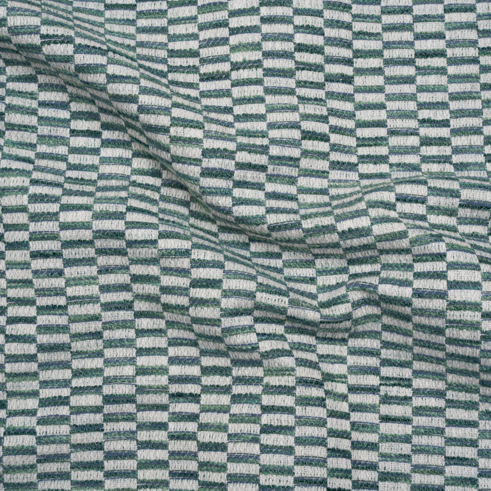 Textured Polyester and Cotton Woven - Lagoon Rectangle Checks - British Imported Textured Polyester and Cotton Woven - Lagoon Rectangle Checks - British Imported