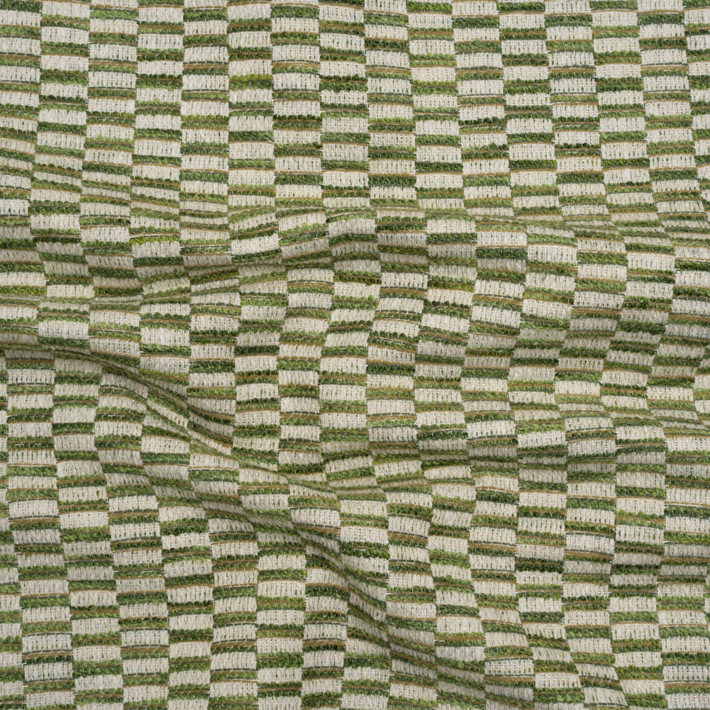 Textured Polyester and Cotton Woven - Olive Rectangle Checks - British Imported Textured Polyester and Cotton Woven - Olive Rectangle Checks - British Imported