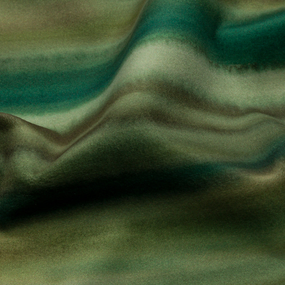 Printed Polyester Velvet - Olive Painterly Stripes - British Imported Detail Printed Polyester Velvet - Olive Painterly Stripes - British Imported Detail