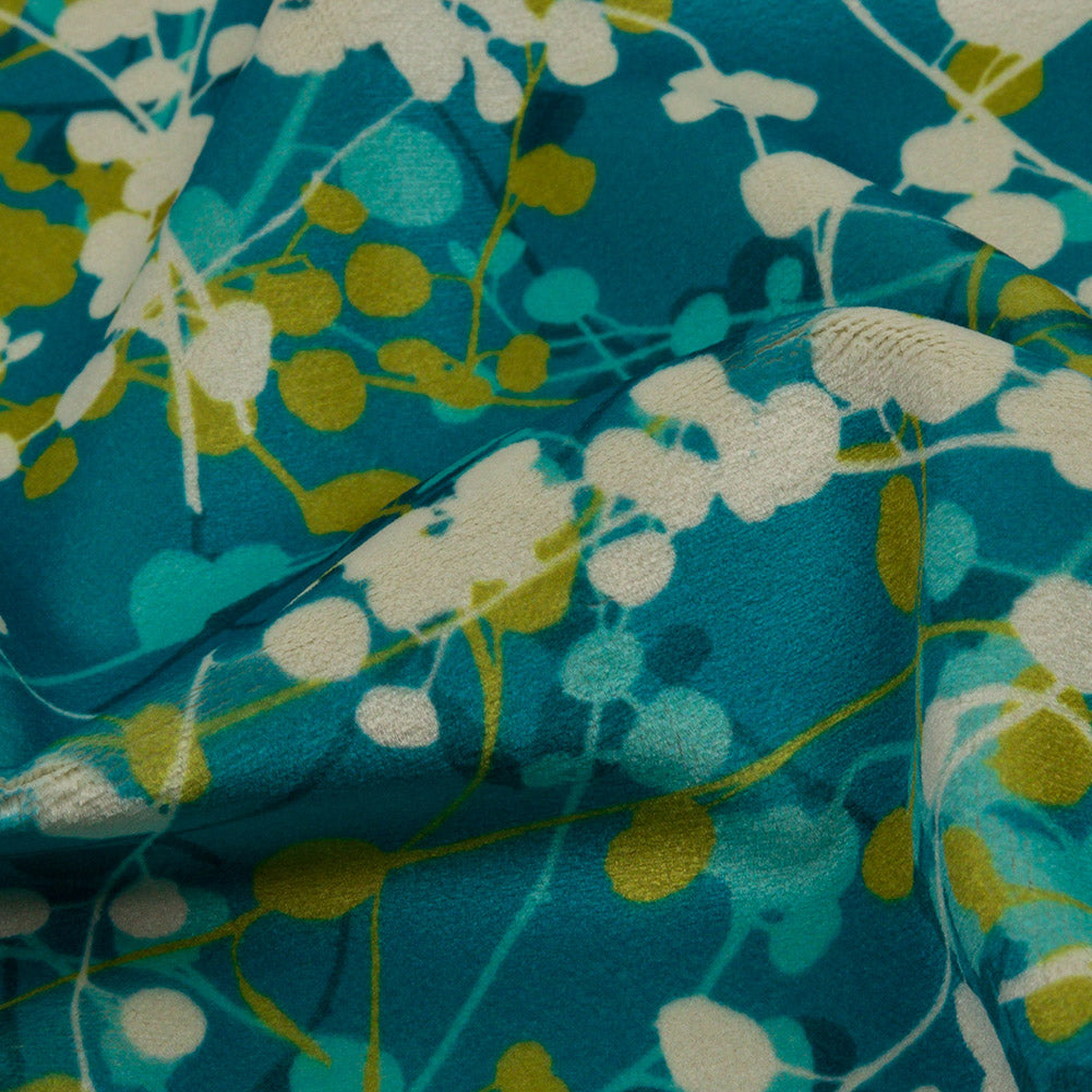 Printed Polyester Velvet - Peacock Berry Vines - British Imported Detail Printed Polyester Velvet - Peacock Berry Vines - British Imported Detail