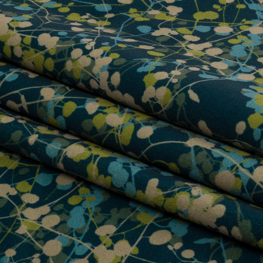 Printed Polyester Velvet - French Navy Berry Vines - British Imported Folded Printed Polyester Velvet - French Navy Berry Vines - British Imported Folded