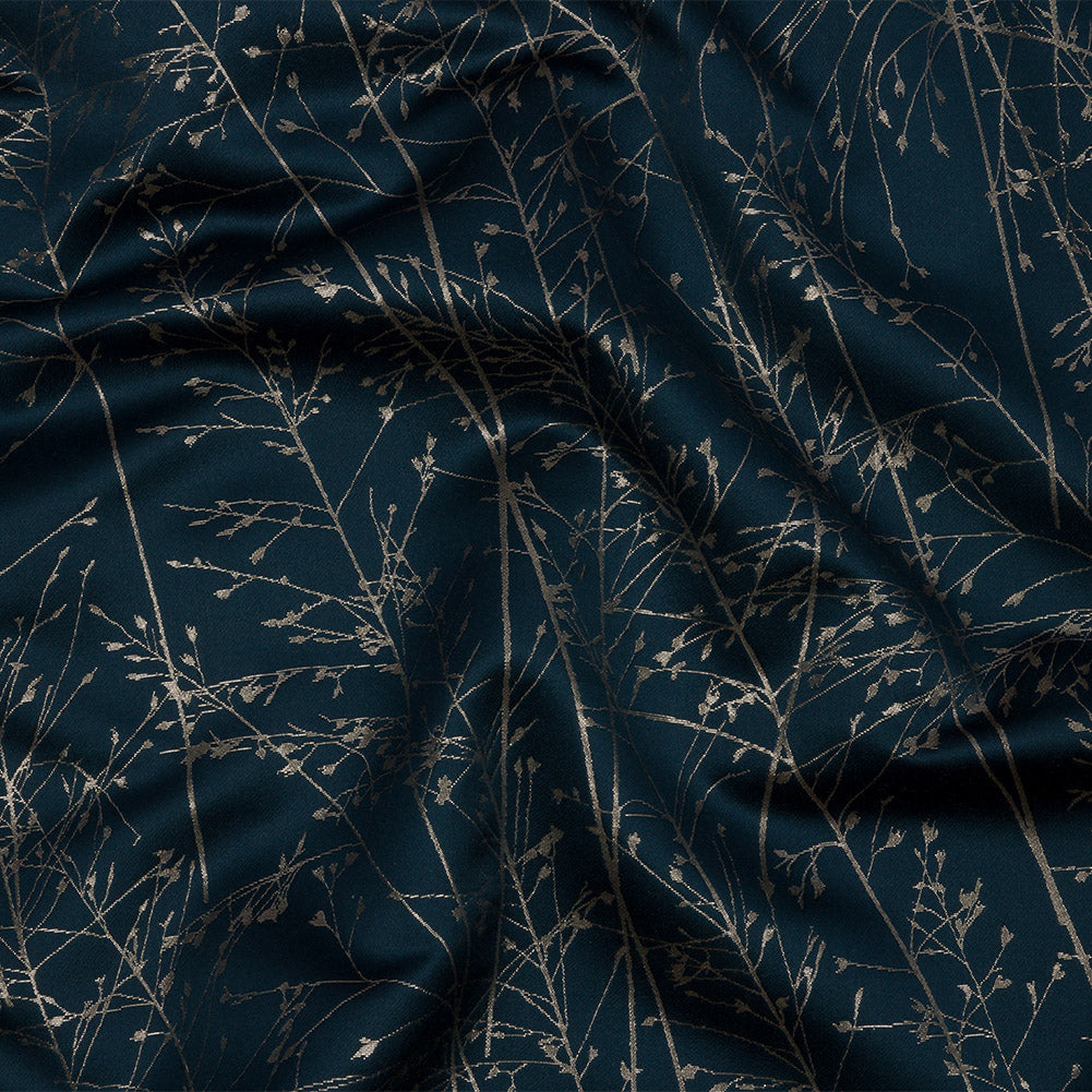 Metallic Satin-Faced Drapery Jacquard - French Navy Delicate Grasses - British Imported Metallic Satin-Faced Drapery Jacquard - French Navy Delicate Grasses - British Imported