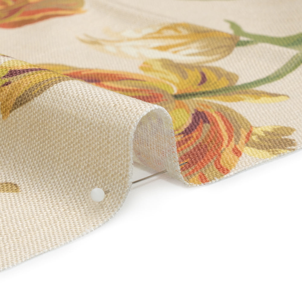 Viscose and Linen Drapery Woven Print - Gold Painting Flowers - British Imported Detail Viscose and Linen Drapery Woven Print - Gold Painting Flowers - British Imported Detail