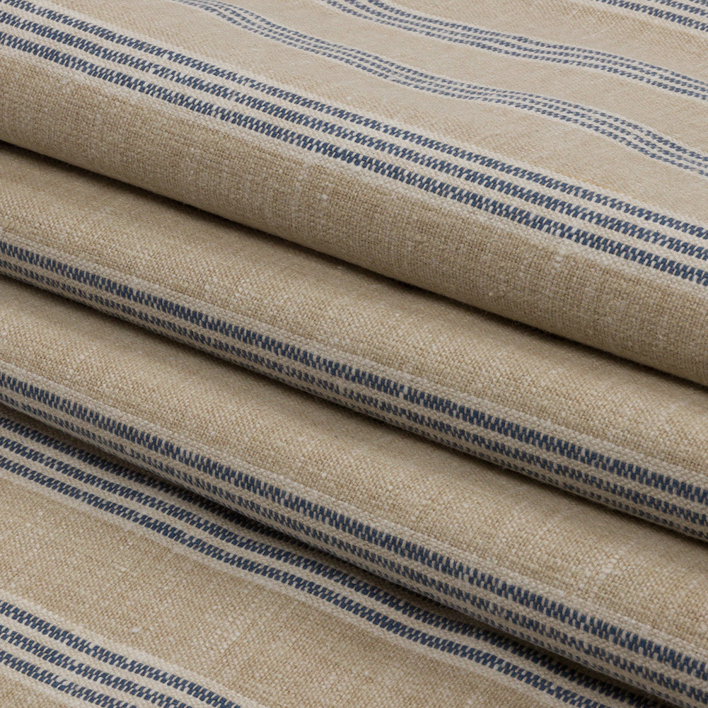 Slubbed Cotton and Polyester Woven - Indigo Striped - British Imported Folded Slubbed Cotton and Polyester Woven - Indigo Striped - British Imported Folded