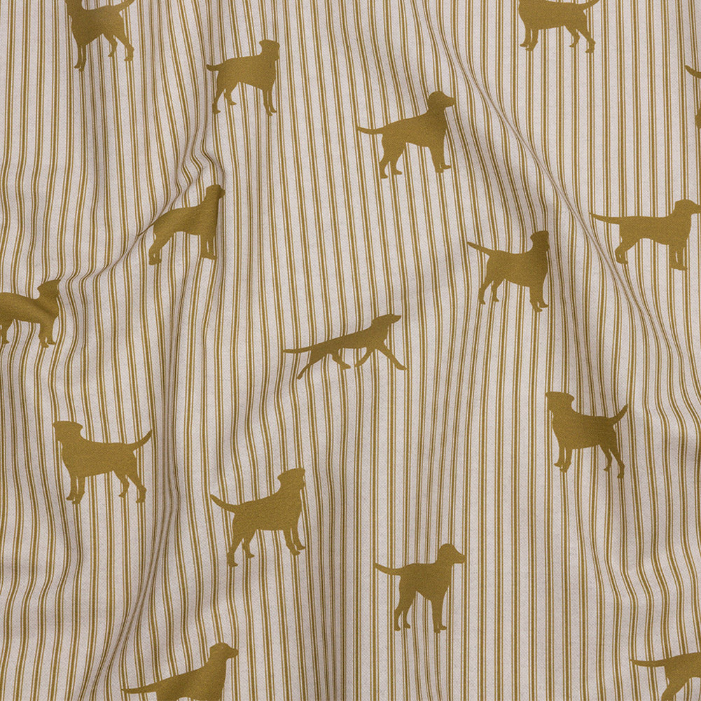 Cotton Canvas Print - Gold Dog Silhouettes and Ticking Stripes - British Imported Cotton Canvas Print - Gold Dog Silhouettes and Ticking Stripes - British Imported