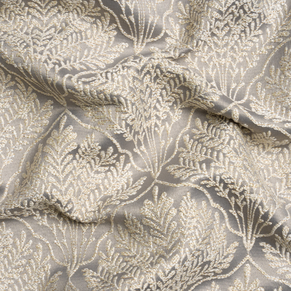 Metallic Drapery Jacquard - Dove Leafy Fans - British Imported Metallic Drapery Jacquard - Dove Leafy Fans - British Imported