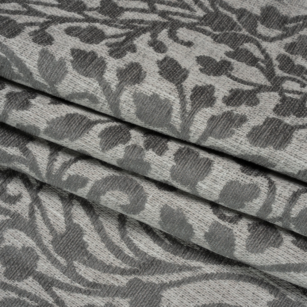 Drapery Chenille Jacquard - Silver Leafy Vines - British Imported Folded Drapery Chenille Jacquard - Silver Leafy Vines - British Imported Folded