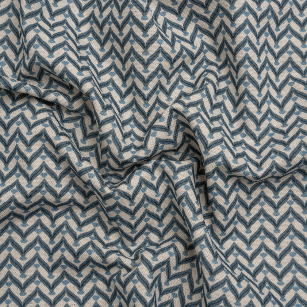 Cotton and Linen Canvas Print - Indigo Leafy Chevrons - British Imported Cotton and Linen Canvas Print - Indigo Leafy Chevrons - British Imported