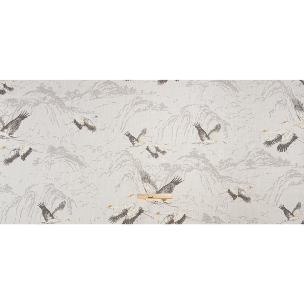 Viscose and Linen Drapery Woven Print - Silver Cranes in the Clouds - British Imported Full Viscose and Linen Drapery Woven Print - Silver Cranes in the Clouds - British Imported Full