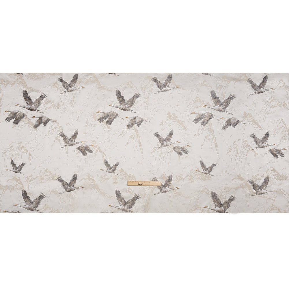 Embroidered Cotton and Polyester Drapery Jacquard - Pale Dove Cranes in the Clouds - British Imported Full Embroidered Cotton and Polyester Drapery Jacquard - Pale Dove Cranes in the Clouds - British Imported Full
