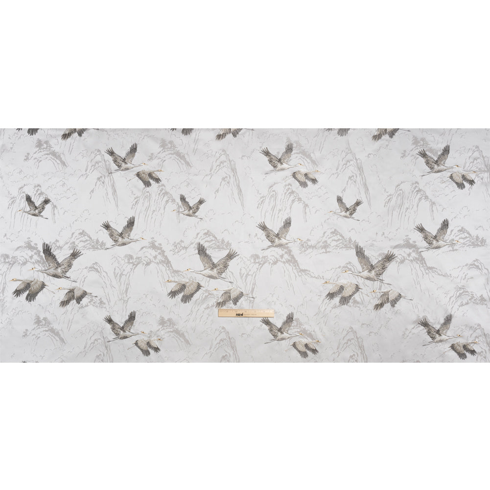 Embroidered Cotton and Polyester Drapery Jacquard - Silver Cranes in the Clouds - British Imported Full Embroidered Cotton and Polyester Drapery Jacquard - Silver Cranes in the Clouds - British Imported Full