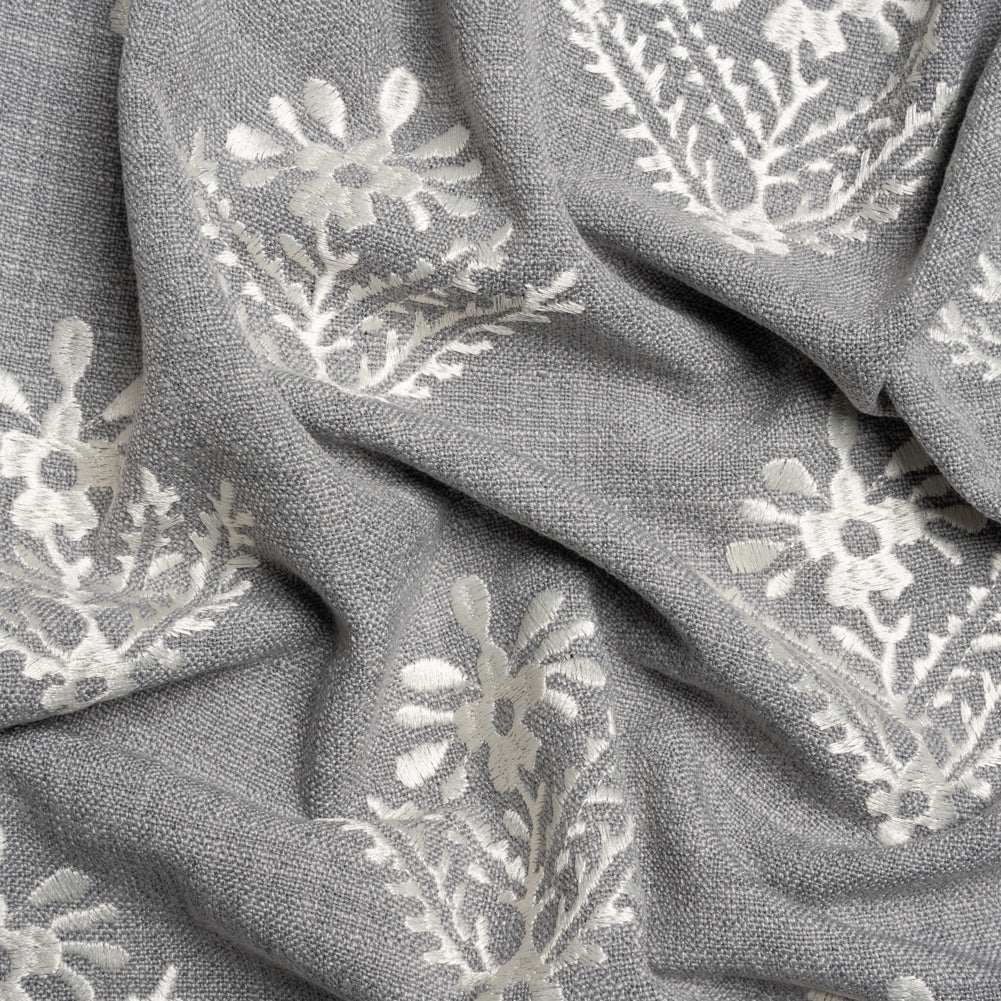 Embroidered Textured Drapery Woven - Steel Flowering Ferns - British Imported Embroidered Textured Drapery Woven - Steel Flowering Ferns - British Imported