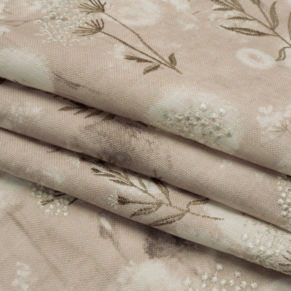 Cotton Canvas Print with Floral Embroidery - Oyster Tie Dye Spots - British Imported - Folded Cotton Canvas Print with Floral Embroidery - Oyster Tie Dye Spots - British Imported - Folded