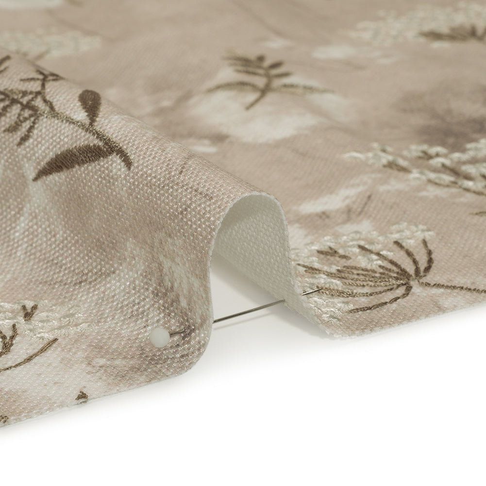 Cotton Canvas Print with Floral Embroidery - Oyster Tie Dye Spots - British Imported - Detail Cotton Canvas Print with Floral Embroidery - Oyster Tie Dye Spots - British Imported - Detail