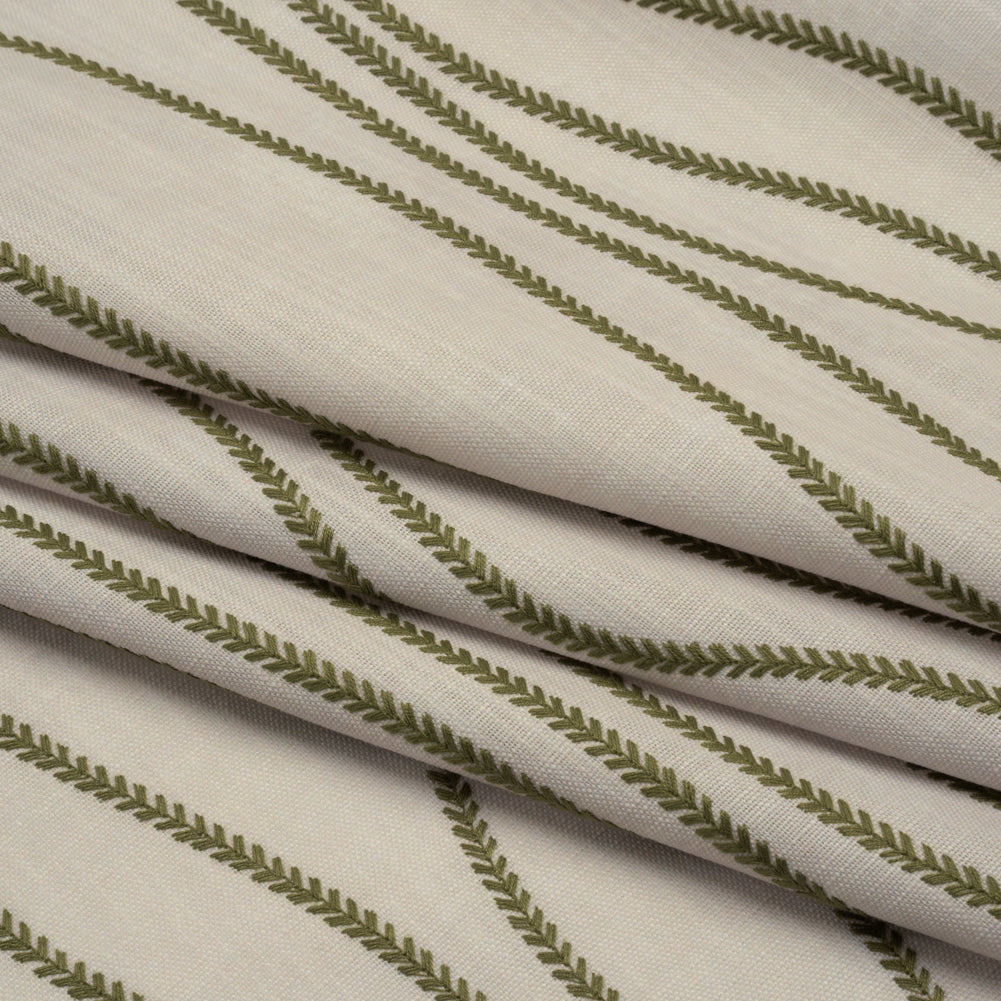 Embroidered Linen-Look Polyester Drapery Woven - Moss Leafy Wavy Lines and Watercolor Texture - British Imported Embroidered Linen-Look Polyester Drapery Woven - Moss Leafy Wavy Lines and Watercolor Texture - British Imported