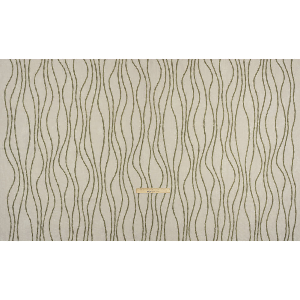 Embroidered Linen-Look Polyester Drapery Woven - Moss Leafy Wavy Lines and Watercolor Texture - British Imported Embroidered Linen-Look Polyester Drapery Woven - Moss Leafy Wavy Lines and Watercolor Texture - British Imported