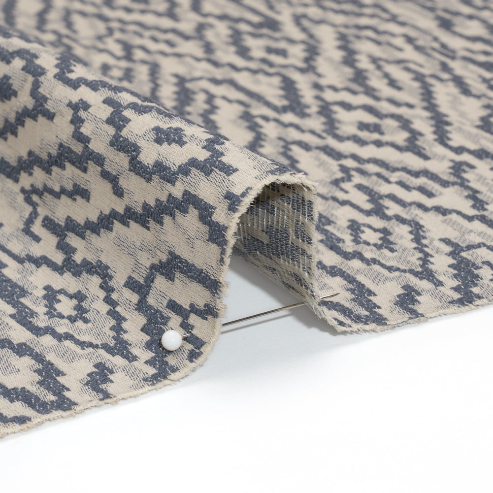 Geometric Recycled Polyester and Cotton Drapery Jacquard - Denim - British Imported Detail Geometric Recycled Polyester and Cotton Drapery Jacquard - Denim - British Imported Detail