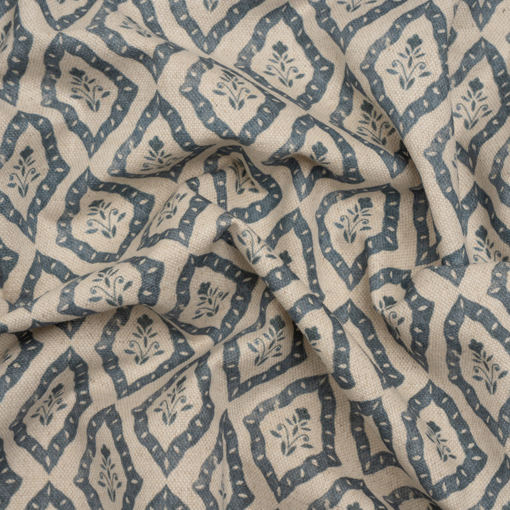 Brushed Cotton and Linen Canvas Print - Indigo Framed Floral - British Imported Brushed Cotton and Linen Canvas Print - Indigo Framed Floral - British Imported