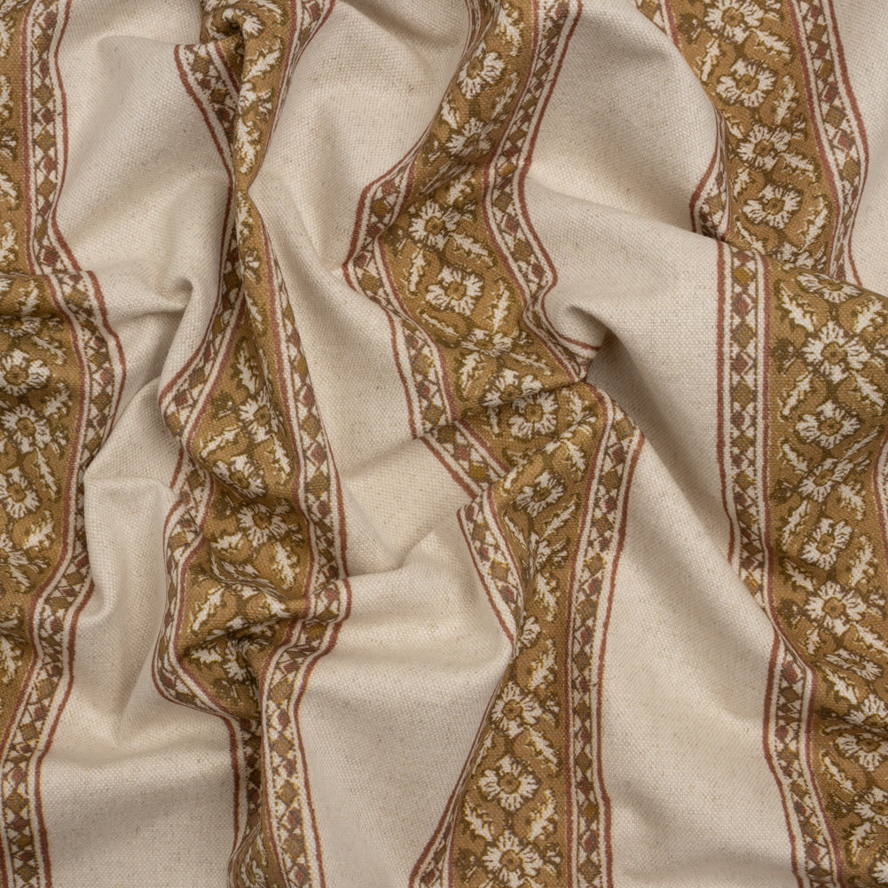 Brushed Cotton and Linen Canvas - Cider Flowers and Diamonds Stripes - British Imported Brushed Cotton and Linen Canvas - Cider Flowers and Diamonds Stripes - British Imported