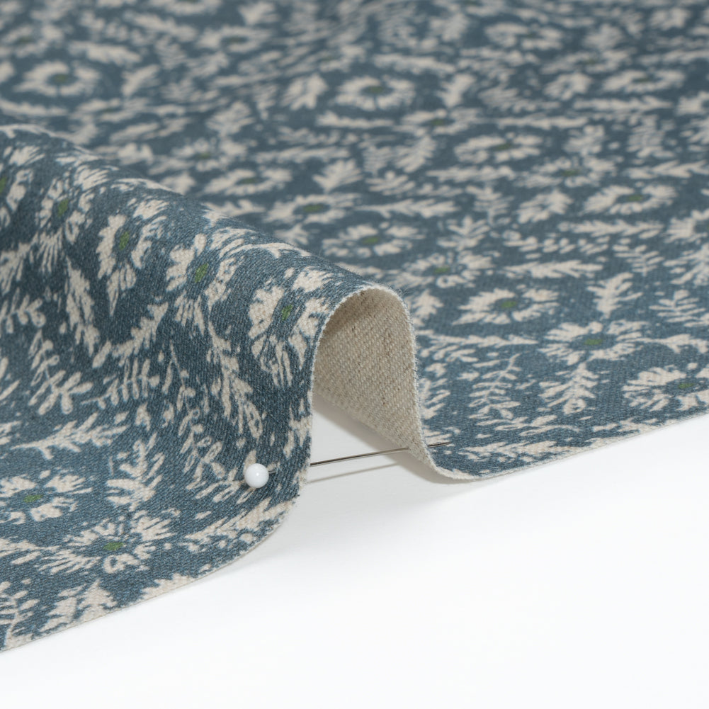 Brushed Cotton and Linen Canvas - Indigo Flowers and Leaves - Flowers and Leaves British Imported Detail Brushed Cotton and Linen Canvas - Indigo Flowers and Leaves - Flowers and Leaves British Imported Detail