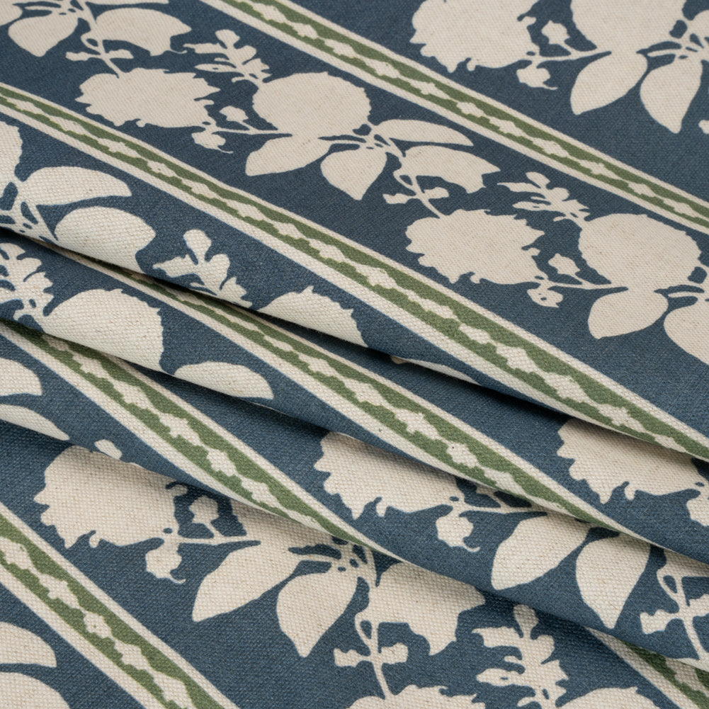 Brushed Cotton and Linen Canvas - Indigo Floral Silhouette Stripes - British Imported Folded Brushed Cotton and Linen Canvas - Indigo Floral Silhouette Stripes - British Imported Folded