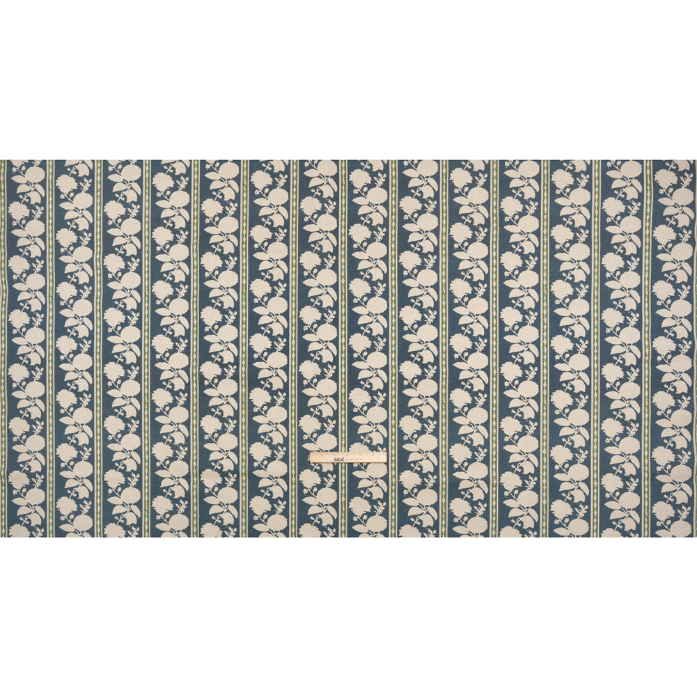 Brushed Cotton and Linen Canvas - Indigo Floral Silhouette Stripes - British Imported Full Brushed Cotton and Linen Canvas - Indigo Floral Silhouette Stripes - British Imported Full