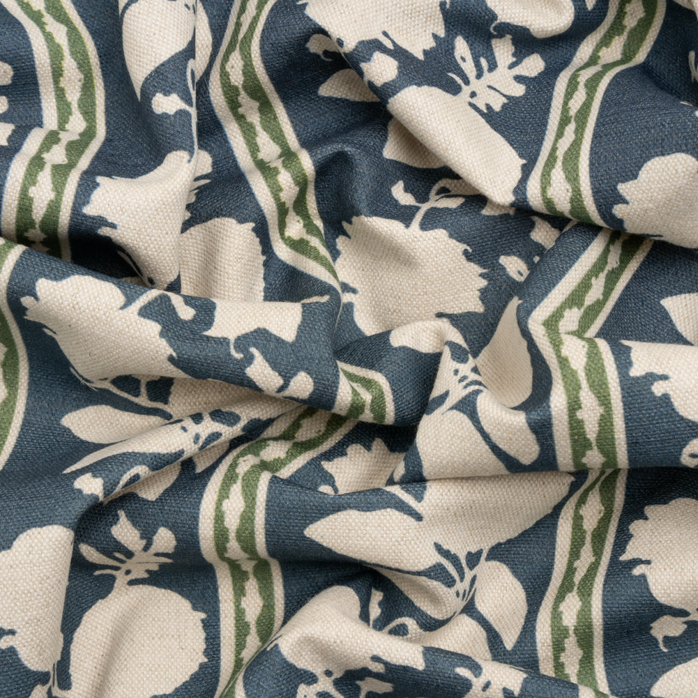 Brushed Cotton and Linen Canvas - Indigo Floral Silhouette Stripes - British Imported Brushed Cotton and Linen Canvas - Indigo Floral Silhouette Stripes - British Imported