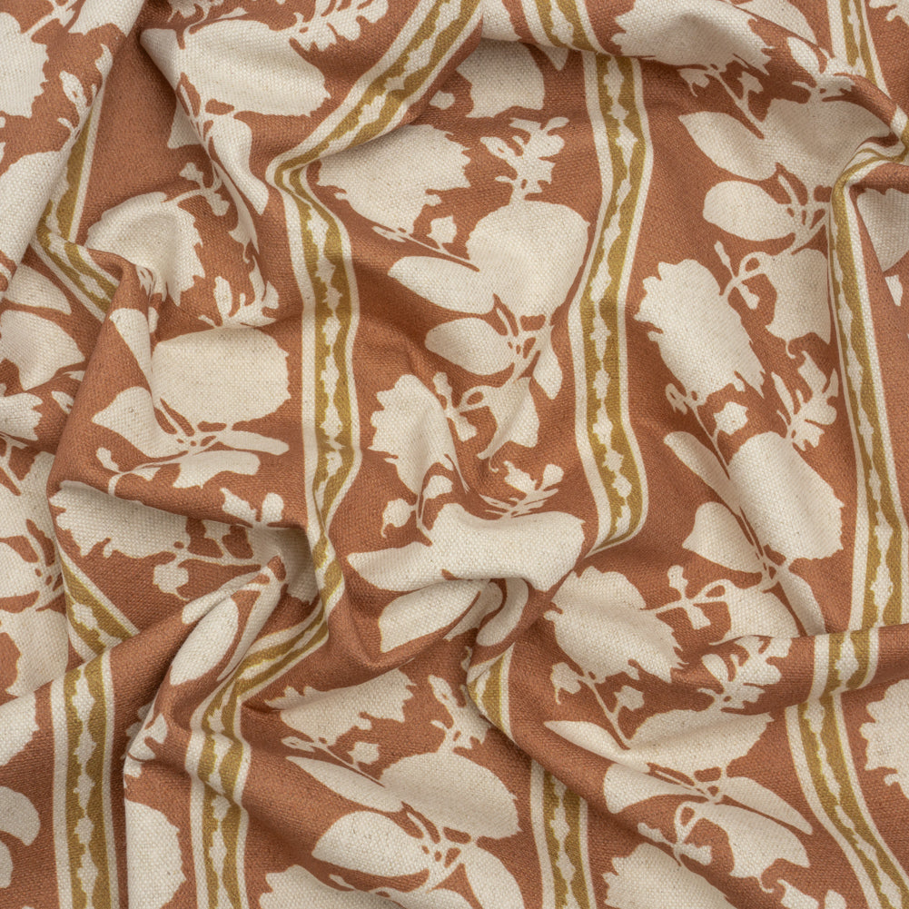 Brushed Cotton and Linen Canvas - Sienna Floral Silhouette Stripes - British Imported Brushed Cotton and Linen Canvas - Sienna Floral Silhouette Stripes - British Imported