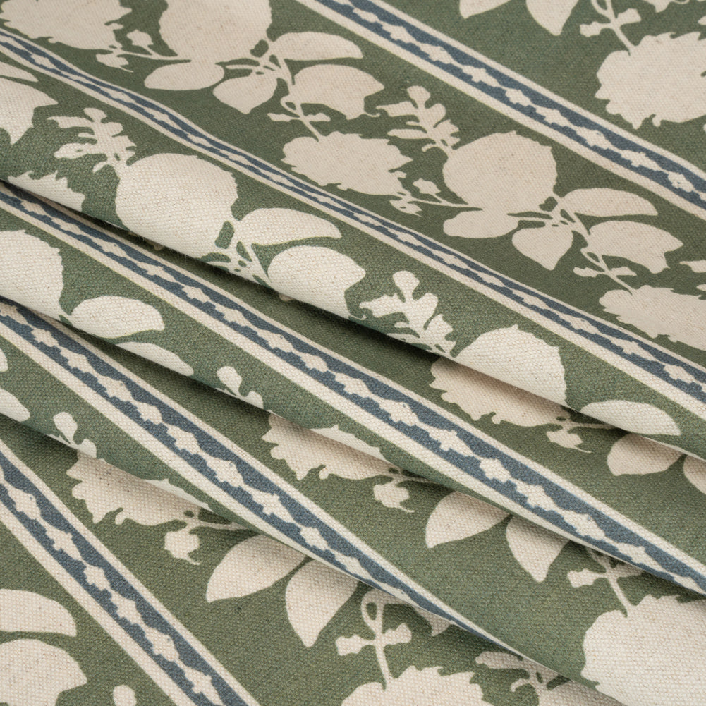 Brushed Cotton and Linen Canvas - Thyme Floral Silhouette Stripes - British Imported Folded Brushed Cotton and Linen Canvas - Thyme Floral Silhouette Stripes - British Imported Folded