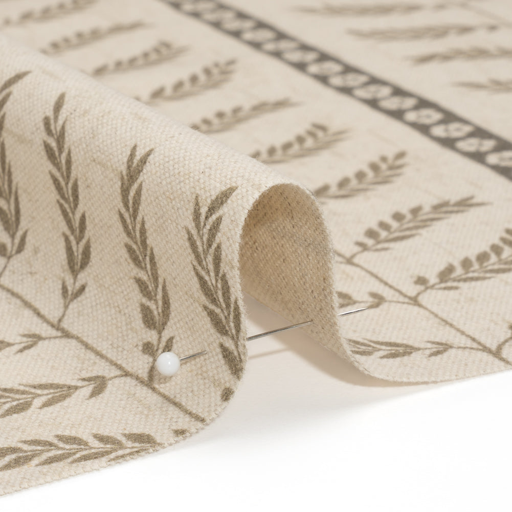 Brushed Cotton and Linen Canvas - Jute Fern Leaves and Flower Stripes - British Imported Detail Brushed Cotton and Linen Canvas - Jute Fern Leaves and Flower Stripes - British Imported Detail