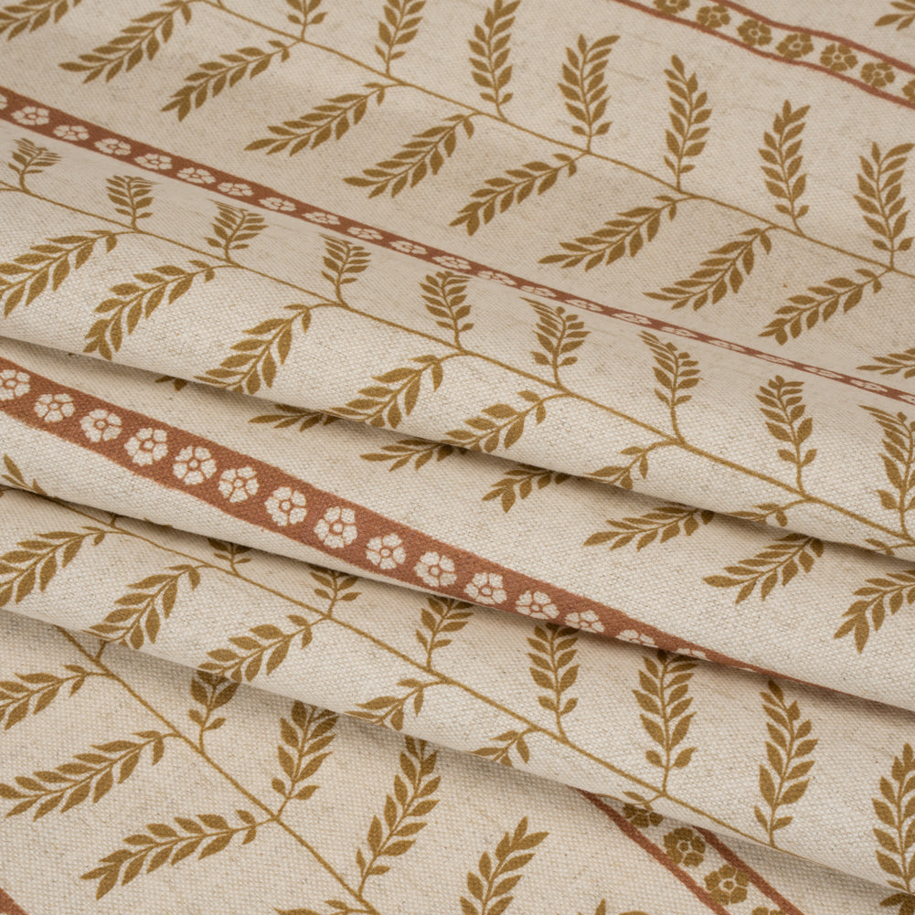 Brushed Cotton and Linen Canvas - Sienna Fern Leaves and Flower Stripes - British Imported Folded Brushed Cotton and Linen Canvas - Sienna Fern Leaves and Flower Stripes - British Imported Folded