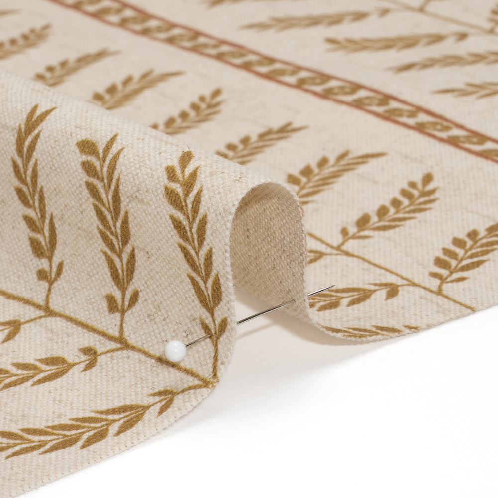 Brushed Cotton and Linen Canvas - Sienna Fern Leaves and Flower Stripes - British Imported Detail Brushed Cotton and Linen Canvas - Sienna Fern Leaves and Flower Stripes - British Imported Detail