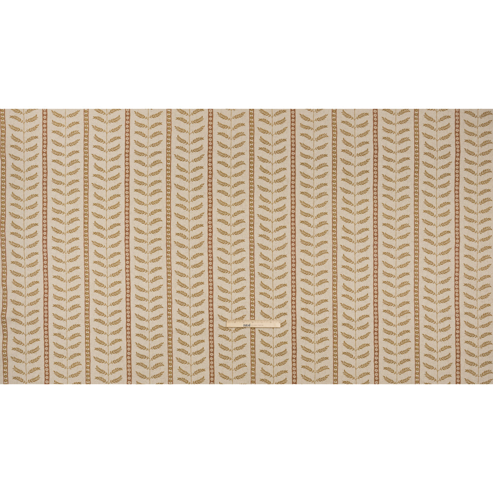 Brushed Cotton and Linen Canvas - Sienna Fern Leaves and Flower Stripes - British Imported Full Brushed Cotton and Linen Canvas - Sienna Fern Leaves and Flower Stripes - British Imported Full