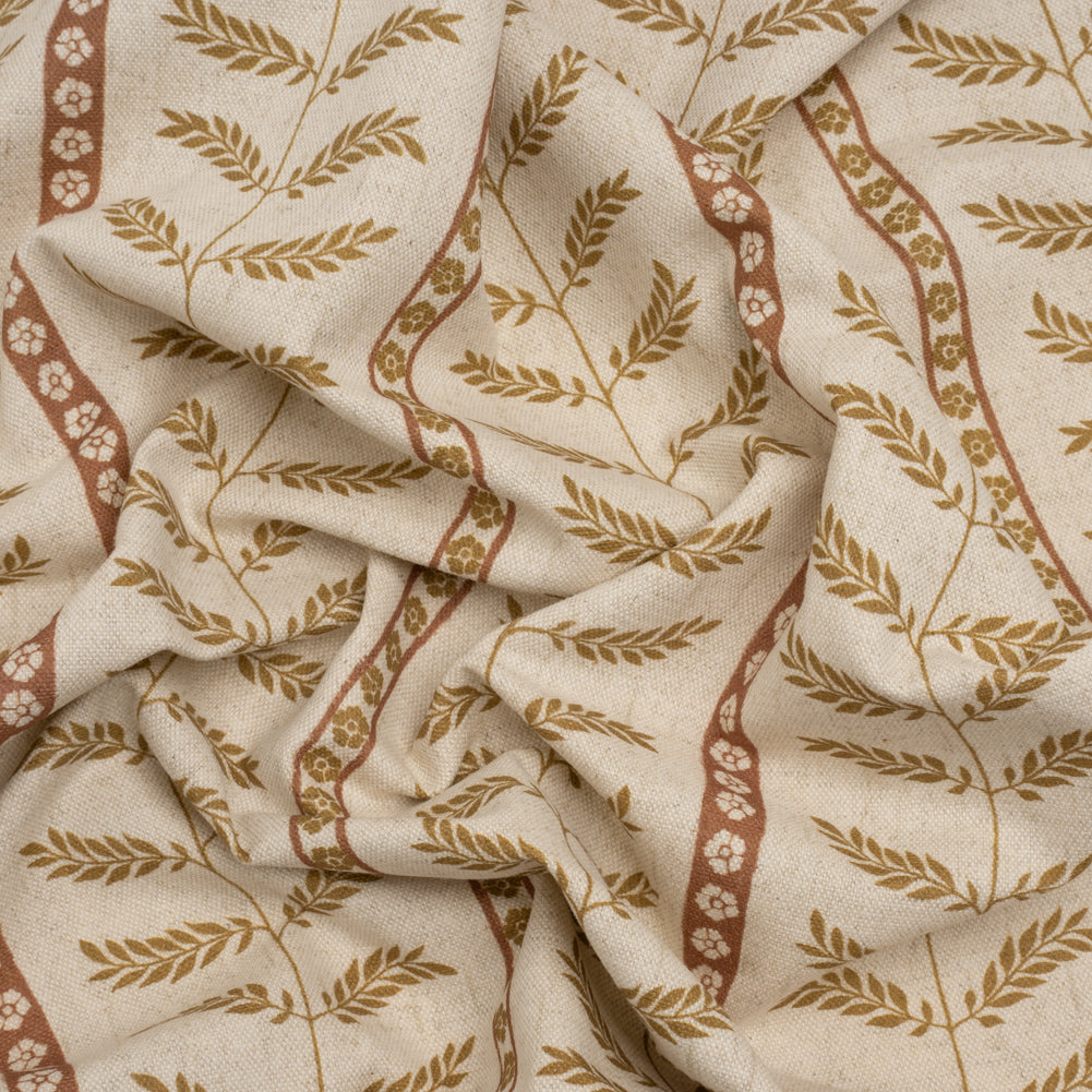 Brushed Cotton and Linen Canvas - Sienna Fern Leaves and Flower Stripes - British Imported Brushed Cotton and Linen Canvas - Sienna Fern Leaves and Flower Stripes - British Imported