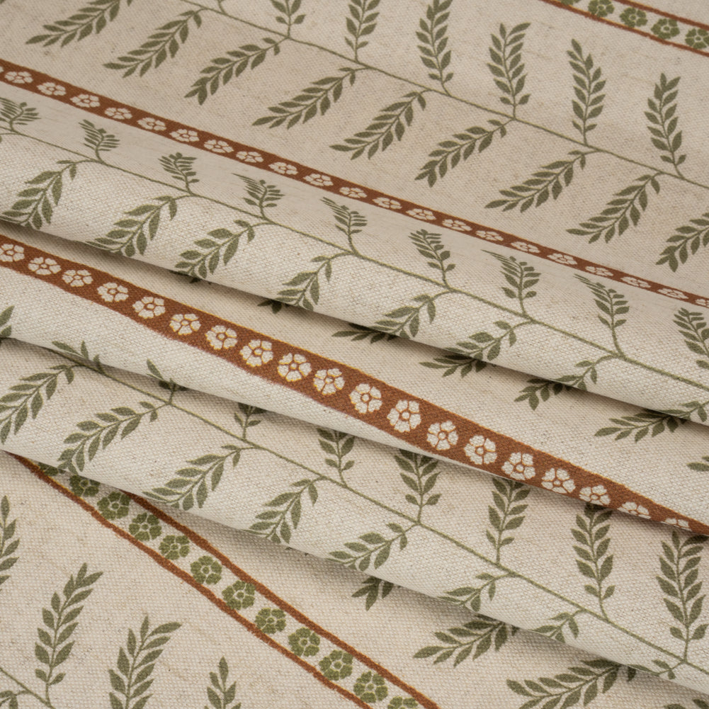 Brushed Cotton and Linen Canvas - Spice Fern Leaves and Flower Stripes - British Imported Folded Brushed Cotton and Linen Canvas - Spice Fern Leaves and Flower Stripes - British Imported Folded