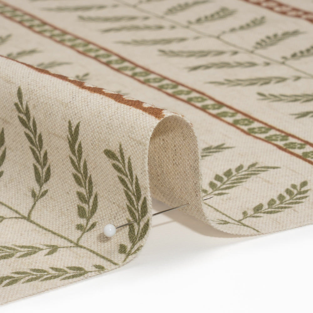 Brushed Cotton and Linen Canvas - Spice Fern Leaves and Flower Stripes - British Imported Detail Brushed Cotton and Linen Canvas - Spice Fern Leaves and Flower Stripes - British Imported Detail