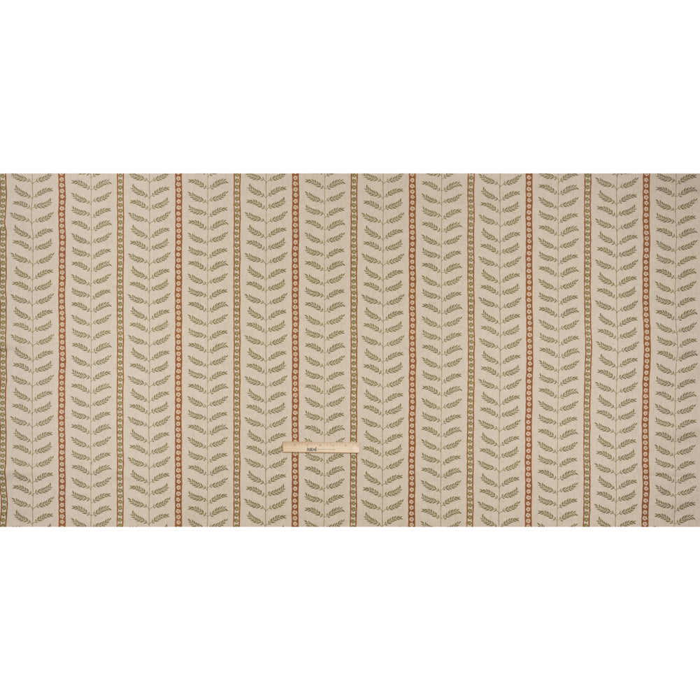 Brushed Cotton and Linen Canvas - Spice Fern Leaves and Flower Stripes - British Imported Full Brushed Cotton and Linen Canvas - Spice Fern Leaves and Flower Stripes - British Imported Full