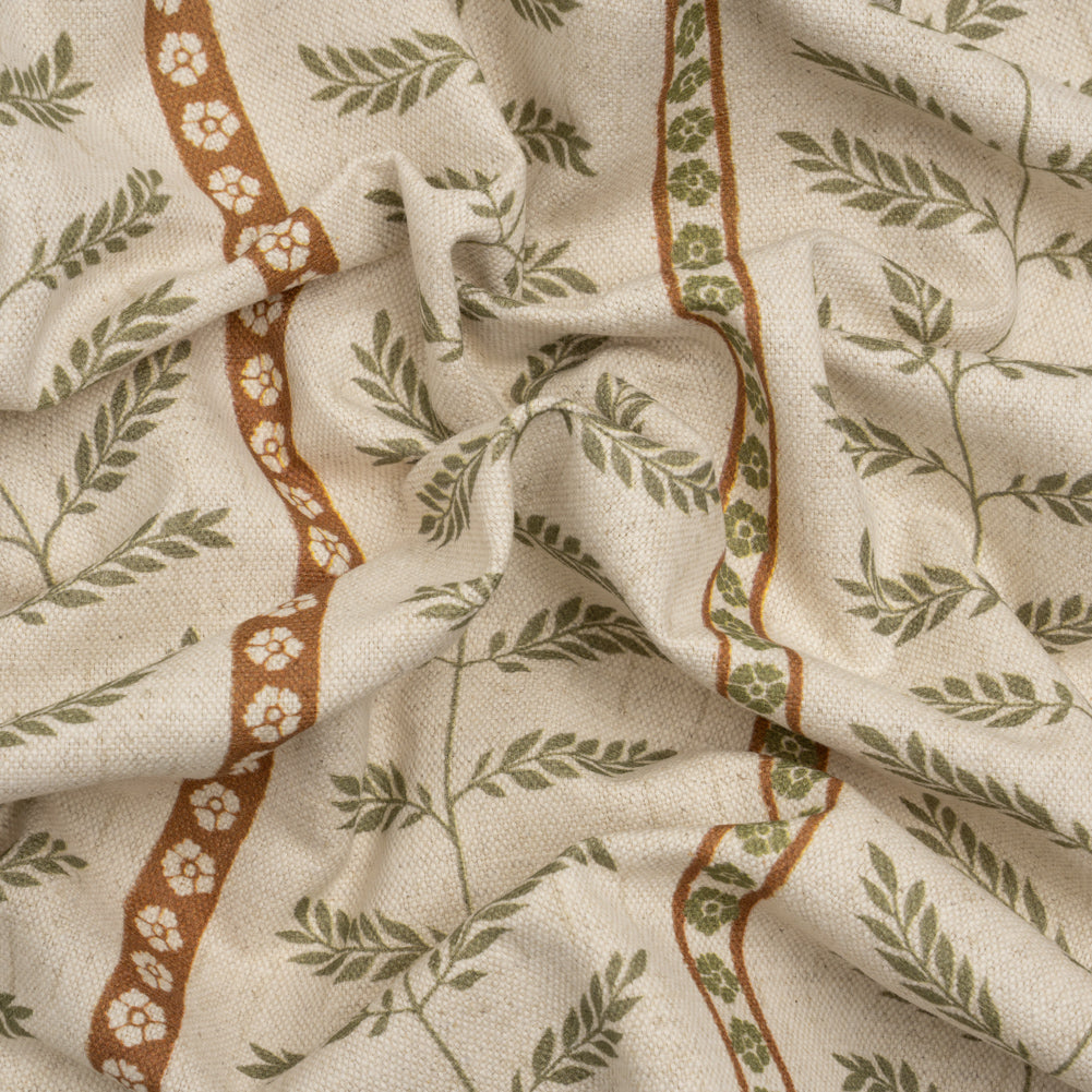 Brushed Cotton and Linen Canvas - Spice Fern Leaves and Flower Stripes - British Imported Brushed Cotton and Linen Canvas - Spice Fern Leaves and Flower Stripes - British Imported