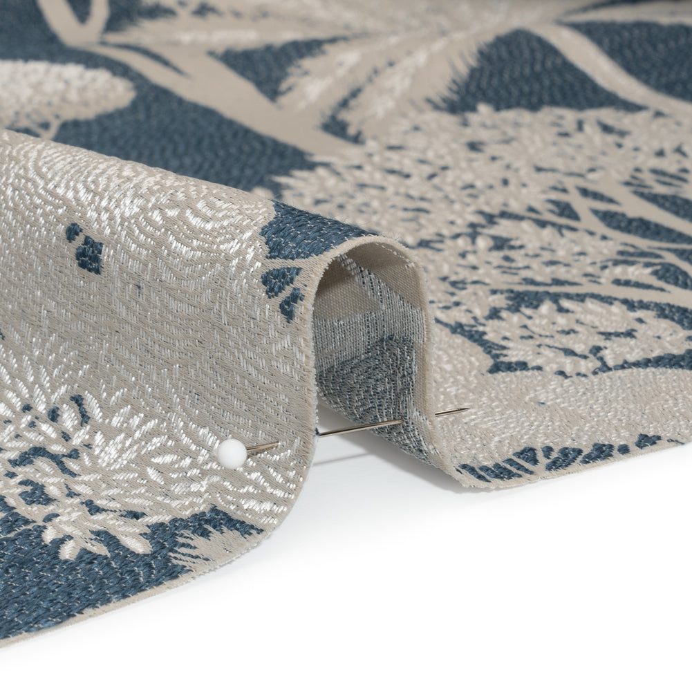 Recycled Polyester Drapery Jacquard - Indigo Jungle Trees - British Imported Detail Recycled Polyester Drapery Jacquard - Indigo Jungle Trees - British Imported Detail