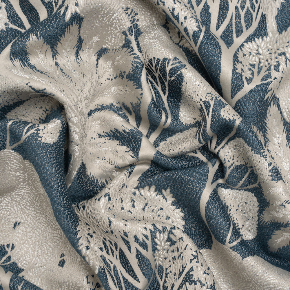 Recycled Polyester Drapery Jacquard - Indigo Jungle Trees - British Imported Recycled Polyester Drapery Jacquard - Indigo Jungle Trees - British Imported