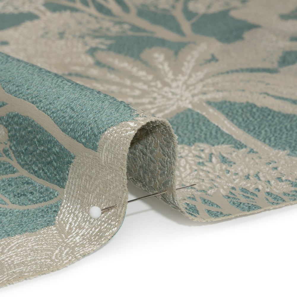 Recycled Polyester Drapery Jacquard - Seafoam Jungle Trees - British Imported Detail Recycled Polyester Drapery Jacquard - Seafoam Jungle Trees - British Imported Detail