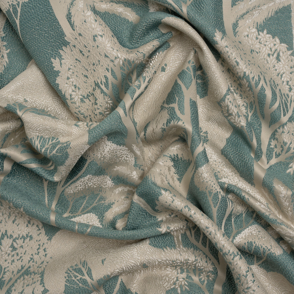 Recycled Polyester Drapery Jacquard - Seafoam Jungle Trees - British Imported Recycled Polyester Drapery Jacquard - Seafoam Jungle Trees - British Imported