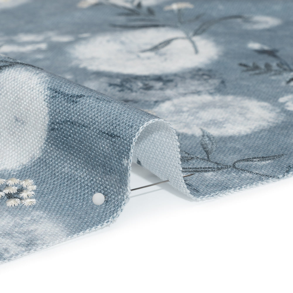 Cotton Canvas Print with Floral Embroidery - Denim Tie Dye Spots - British Imported Cotton Canvas Print with Floral Embroidery - Denim Tie Dye Spots - British Imported