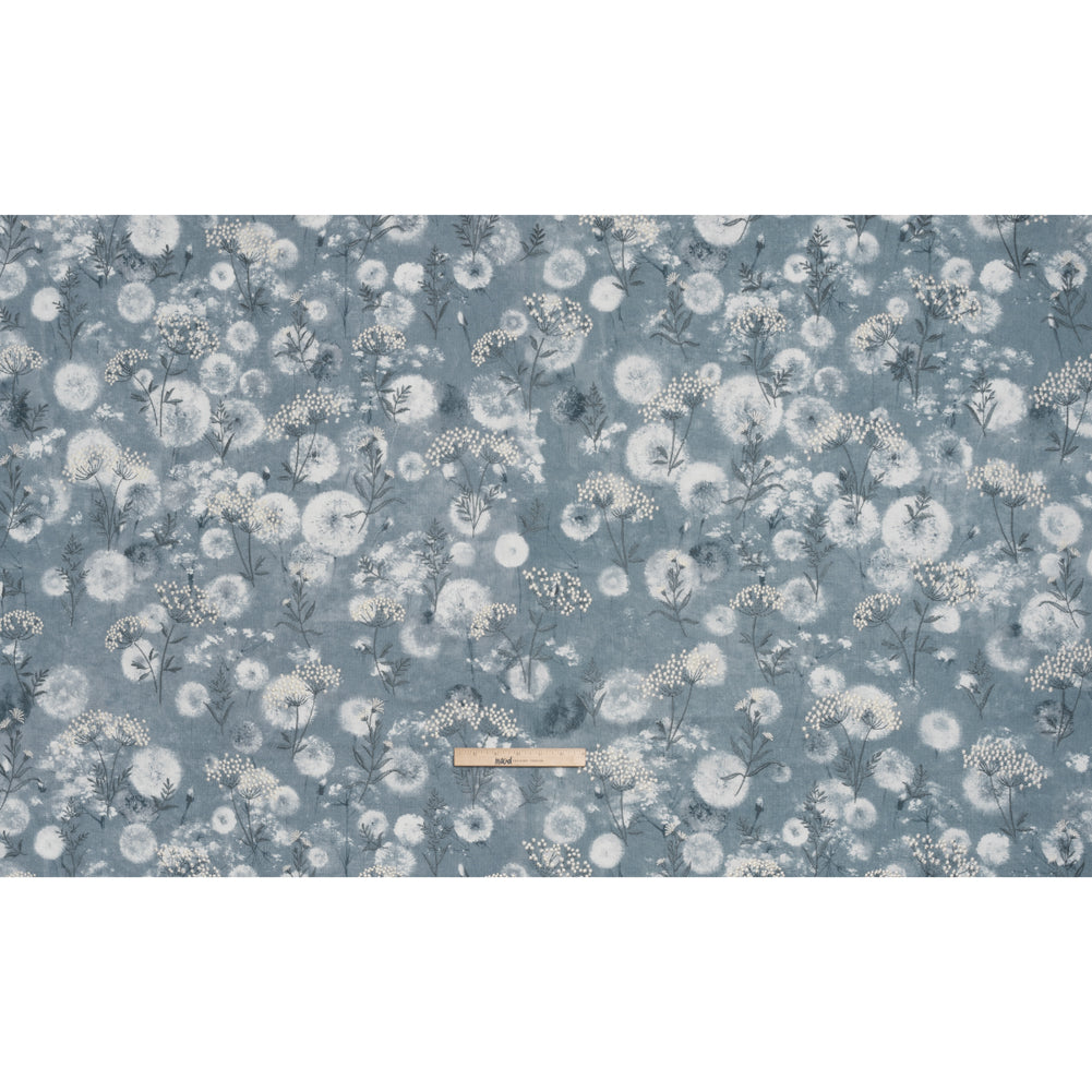 Cotton Canvas Print with Floral Embroidery - Denim Tie Dye Spots - British Imported Cotton Canvas Print with Floral Embroidery - Denim Tie Dye Spots - British Imported