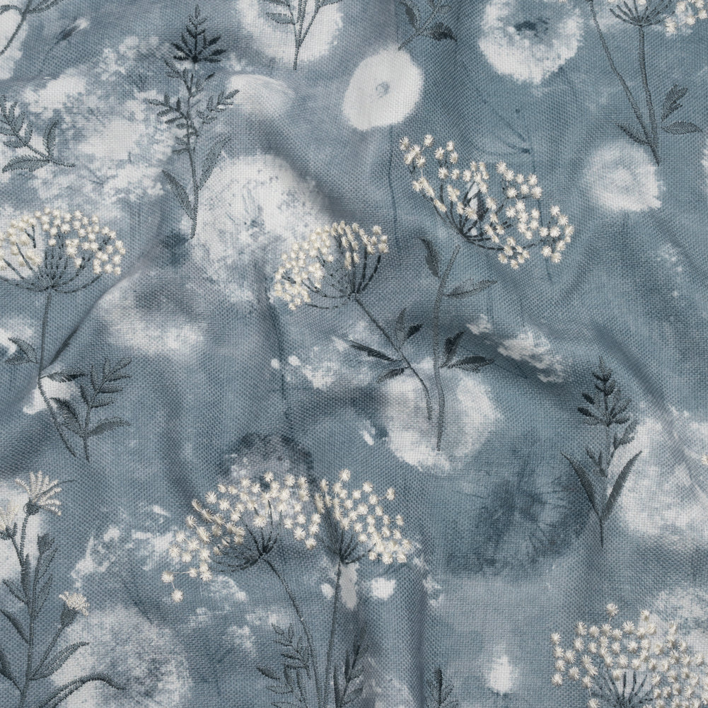 Cotton Canvas Print with Floral Embroidery - Denim Tie Dye Spots - British Imported Cotton Canvas Print with Floral Embroidery - Denim Tie Dye Spots - British Imported