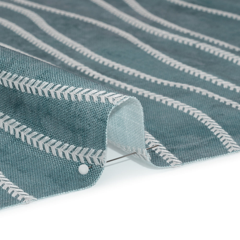 Embroidered Linen-Look Polyester Drapery Woven - Denim Leafy Wavy Lines and Watercolor Texture - British Imported Embroidered Linen-Look Polyester Drapery Woven - Denim Leafy Wavy Lines and Watercolor Texture - British Imported