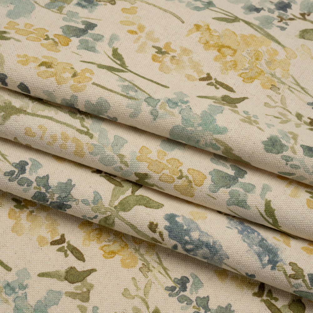 Printed Cotton and Linen Canvas - Azure Painterly Flowers - British Imported - Folded Printed Cotton and Linen Canvas - Azure Painterly Flowers - British Imported - Folded