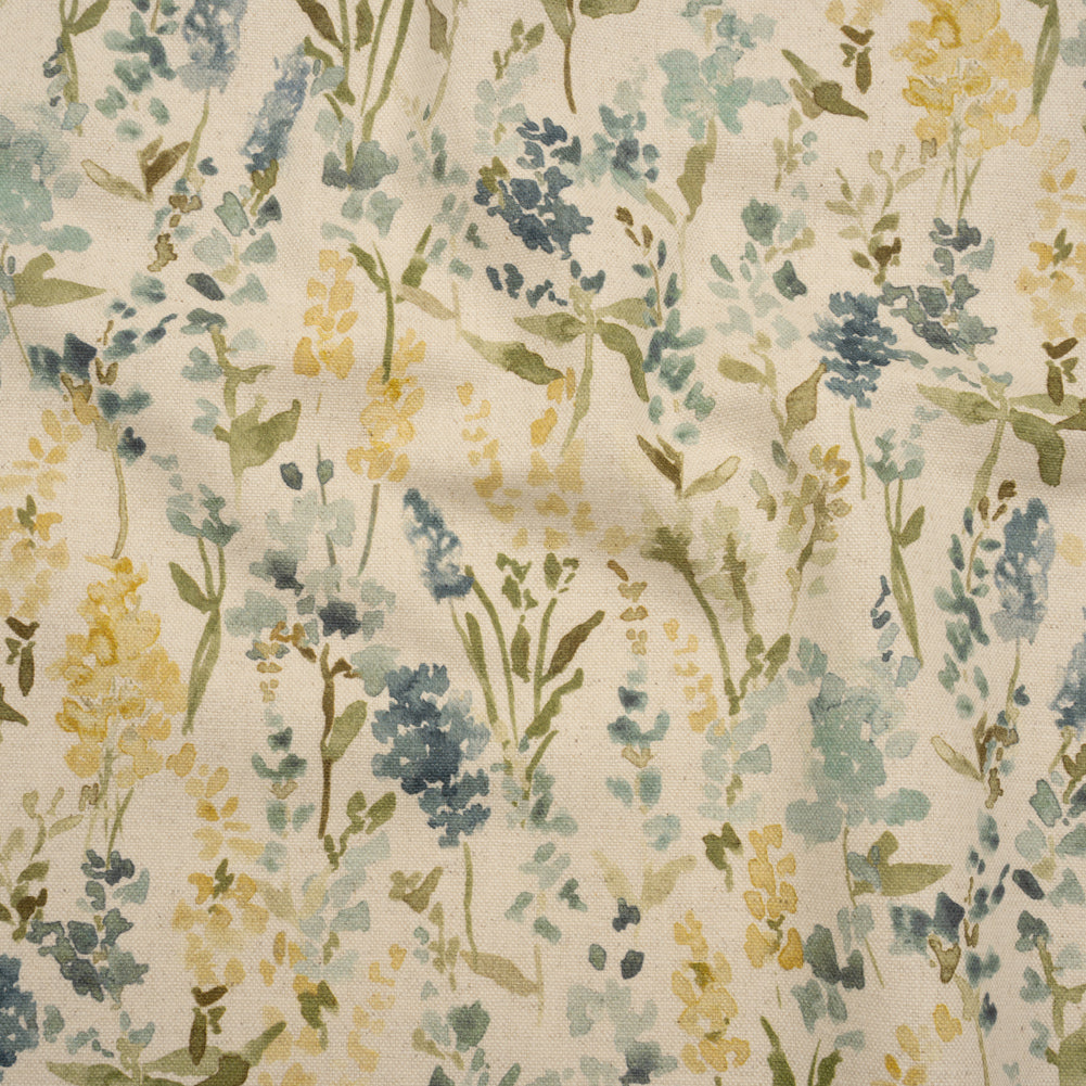 Printed Cotton and Linen Canvas - Azure Painterly Flowers - British Imported Printed Cotton and Linen Canvas - Azure Painterly Flowers - British Imported